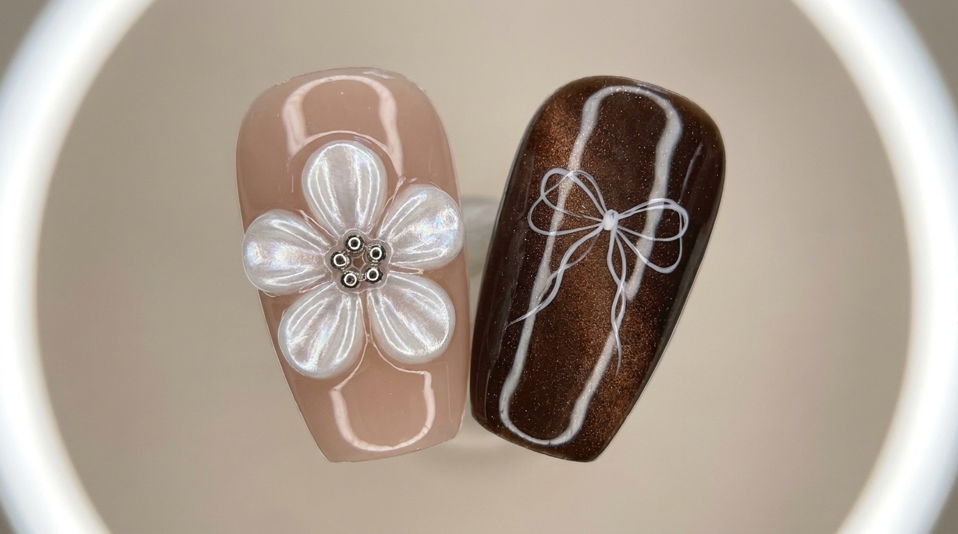 A close-up overhead showcase of finished aesthetic press-on nails featuring a 3D sculpted pearl flower on a nude base and a fine white outline bow on a dark brown magnetic cat-eye.cite: 1