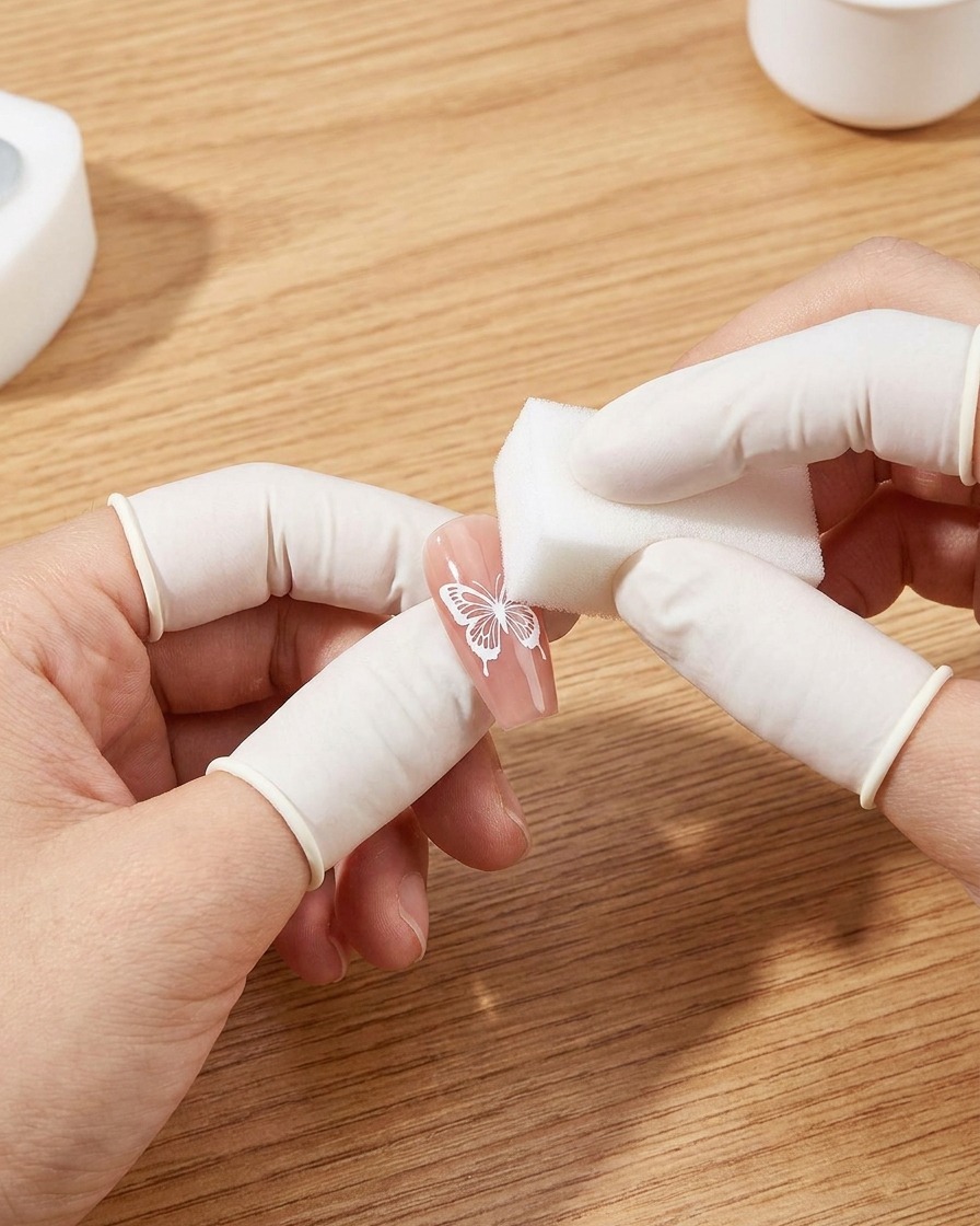 A gloved hand using a white sponge to dab white gel onto a butterfly stencil on a nail.