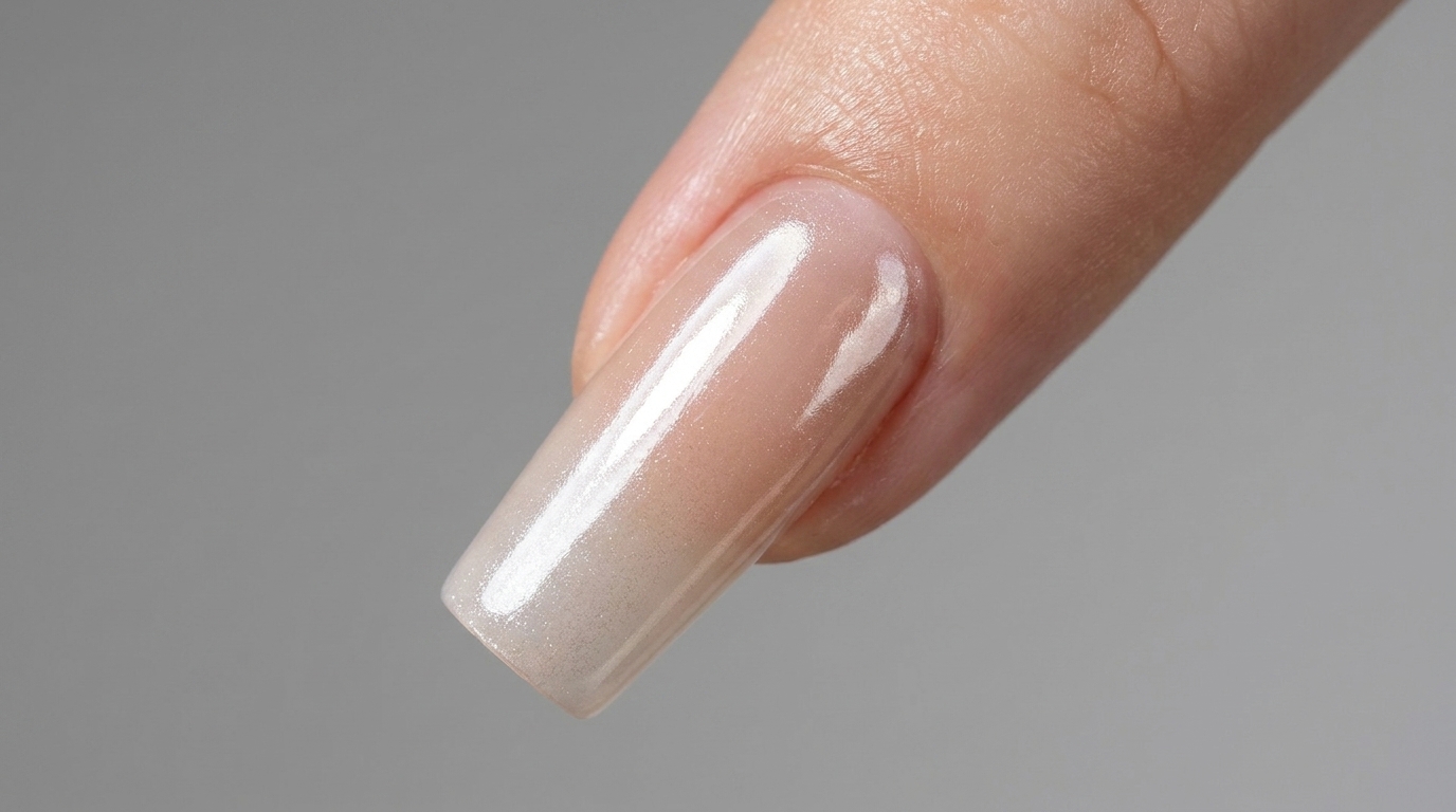 A close-up view showcasing the finished glazed donut pearl powder manicure on long square nails with a glossy pearl finish.