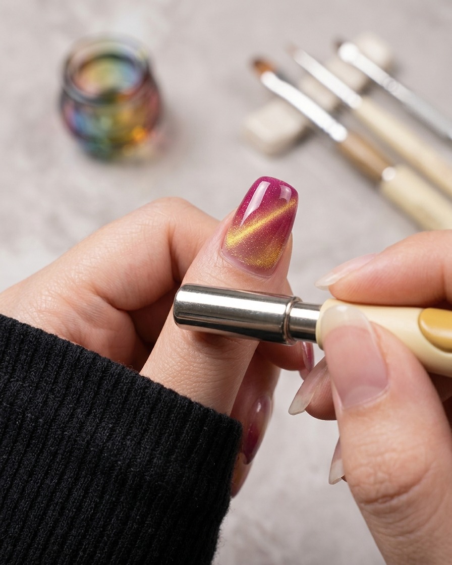 A hand holding a magnetic wand horizontally alongside a glossy fingernail to shape a bright gold cat eye strip over a pink base.
