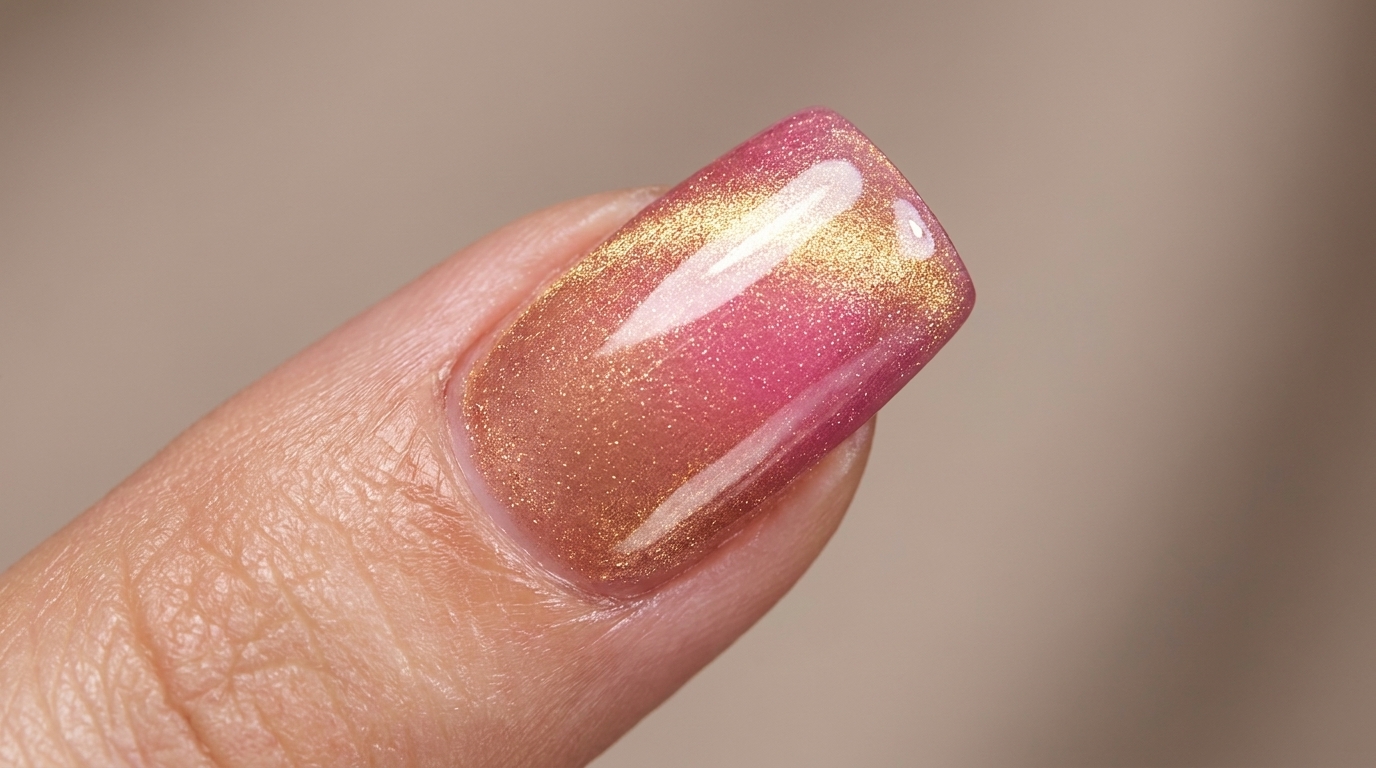Close-up macro shot of a single fingernail showing a stunning rose gold cat eye gradient design with a bright golden magnetic stripe near the cuticle.