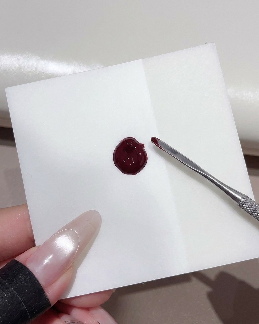 A metal spatula mixing a dollop of dark red gel polish on a square white palette sheet.