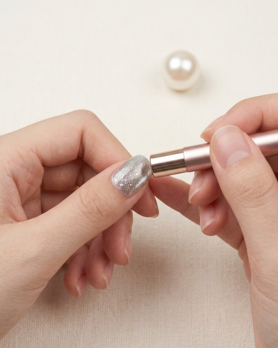 A hand holding a cylindrical magnetic pen close to a sparkly magnetic gel nail.