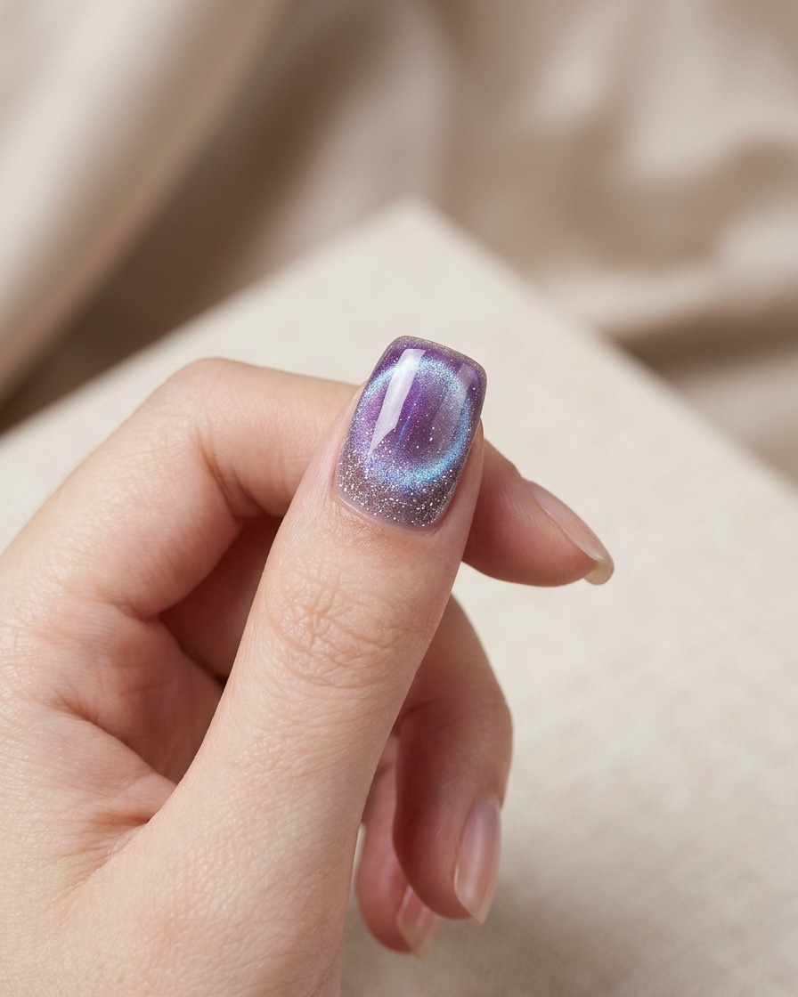 A hand positioned under a compact UV/LED nail lamp curing a purple cat-eye nail design.