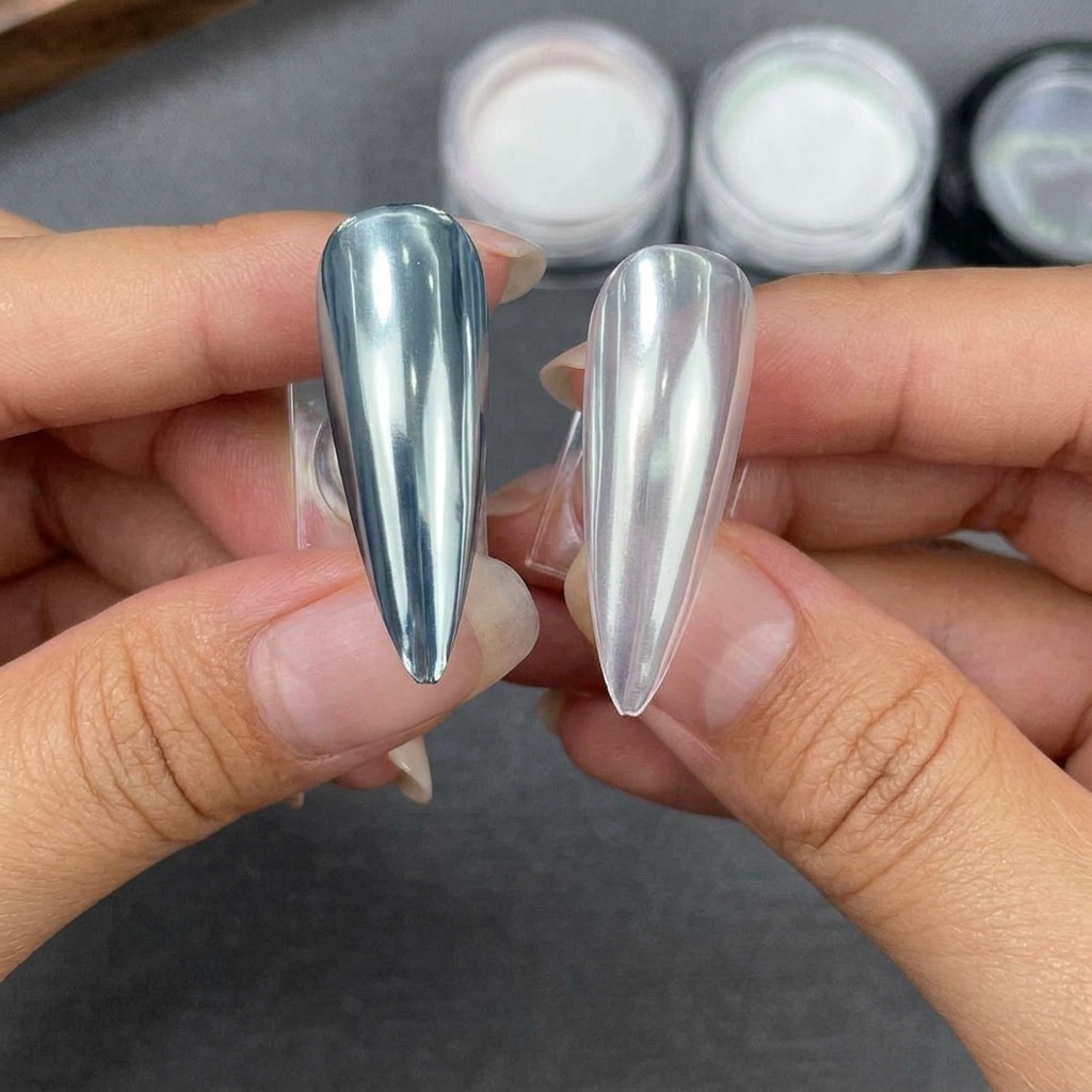 Two stiletto nail tips held side-by-side, one with a black base and one clear, both finished with highly reflective silver crystal plating powder.