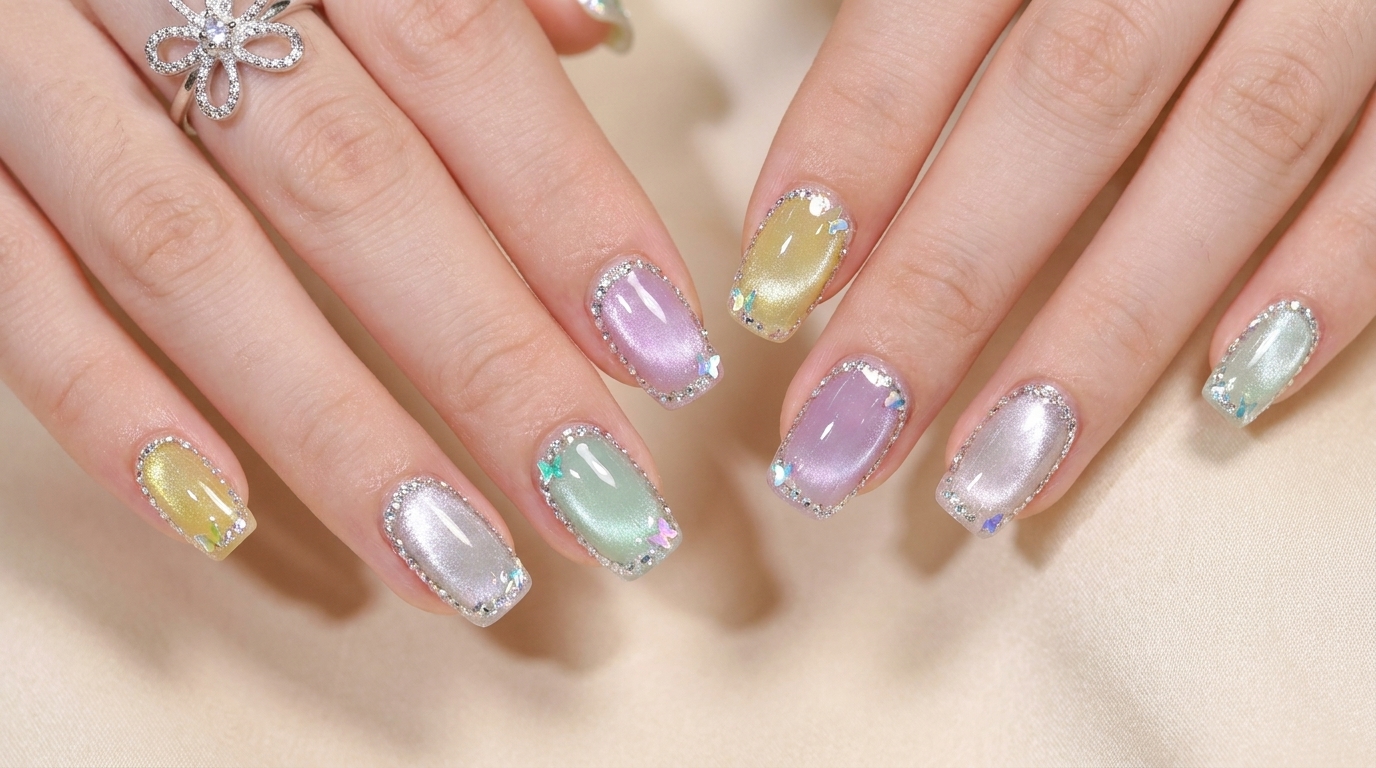 Colorful Summer Cat Eye and Diamond Border Nail Art — Step-by-Step Tutorial