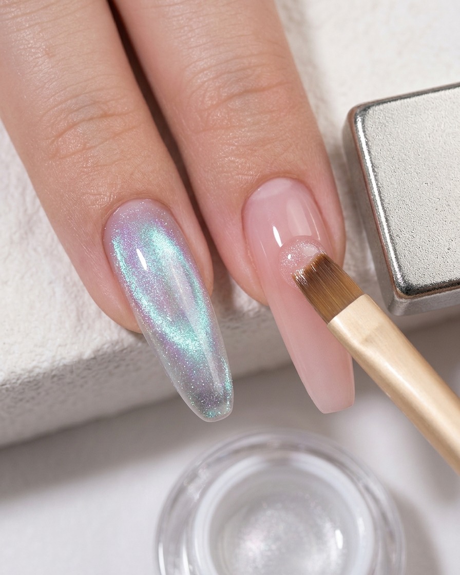 A brush applying a clear cat-eye gel layer over a nail with a pink blush gradient.