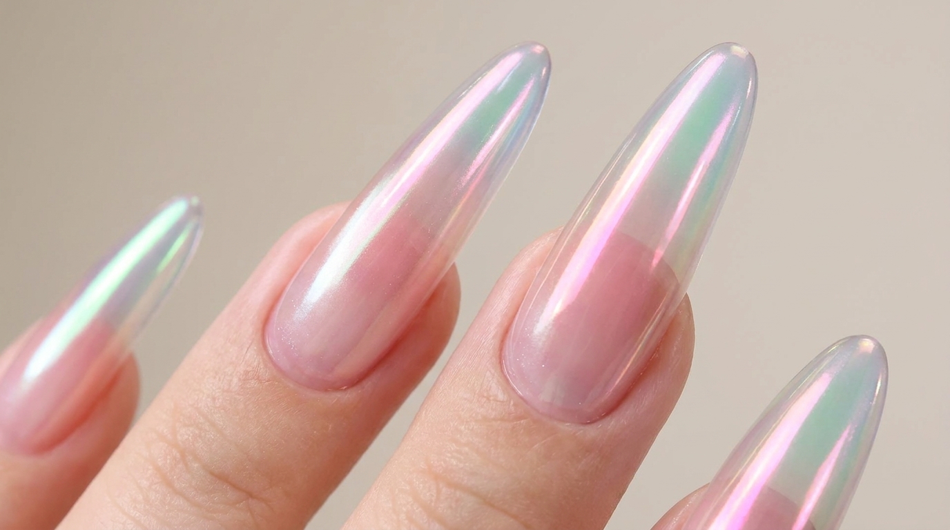 Long Aurora Bubble Nails with Blush and Cat-Eye Effect — Step-by-Step Tutorial