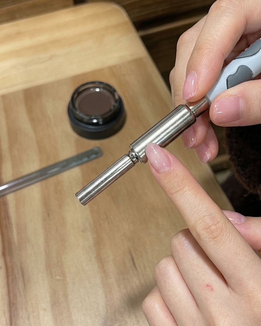 A hand holding a silver cylindrical magnet over a painted nail to activate the cat-eye design.