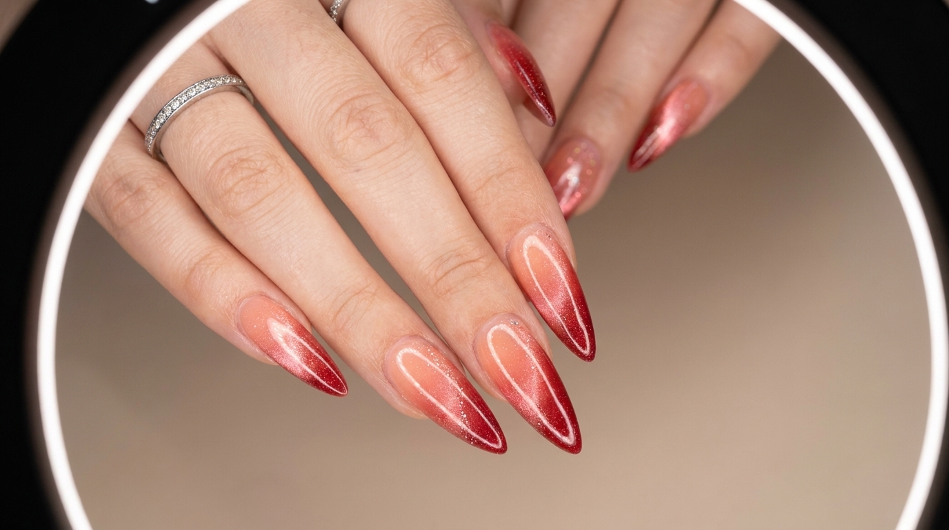 Early Spring Peach Ombre Cat-Eye Gel Nails