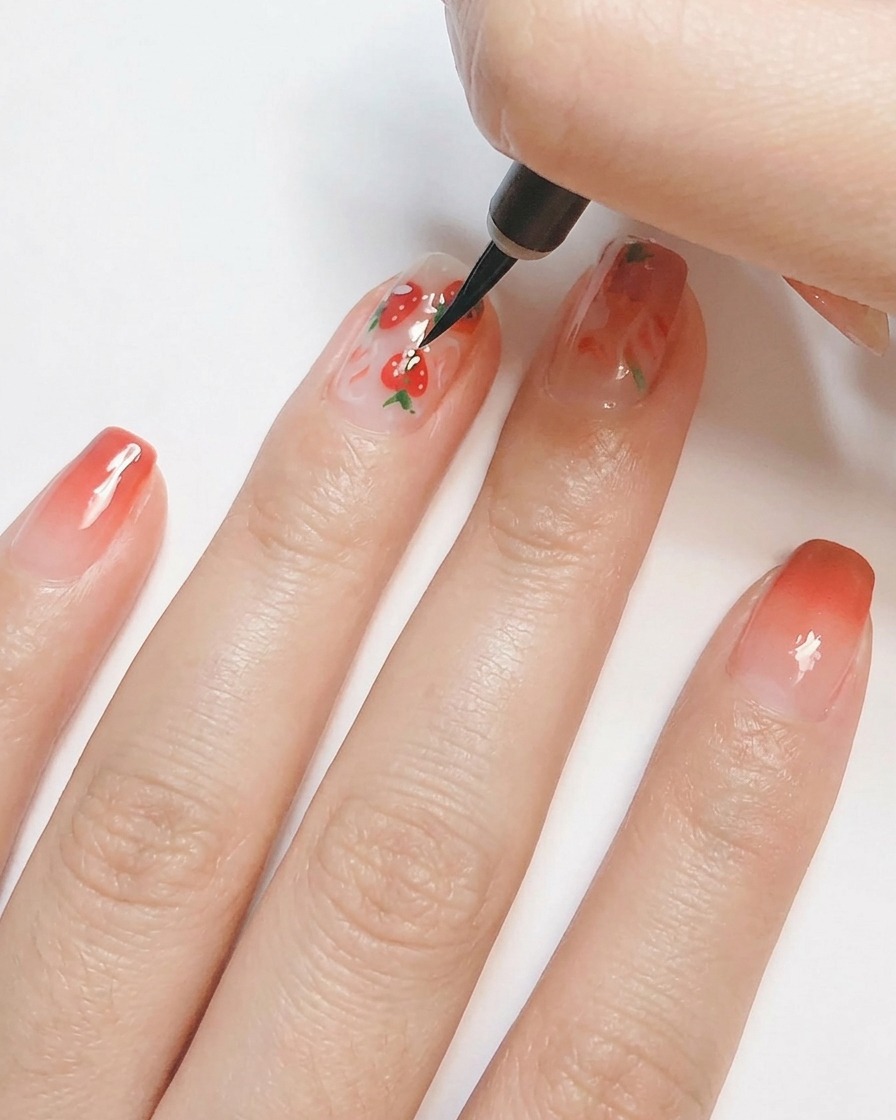 A hand placed inside a white UV/LED nail lamp curing gel art.