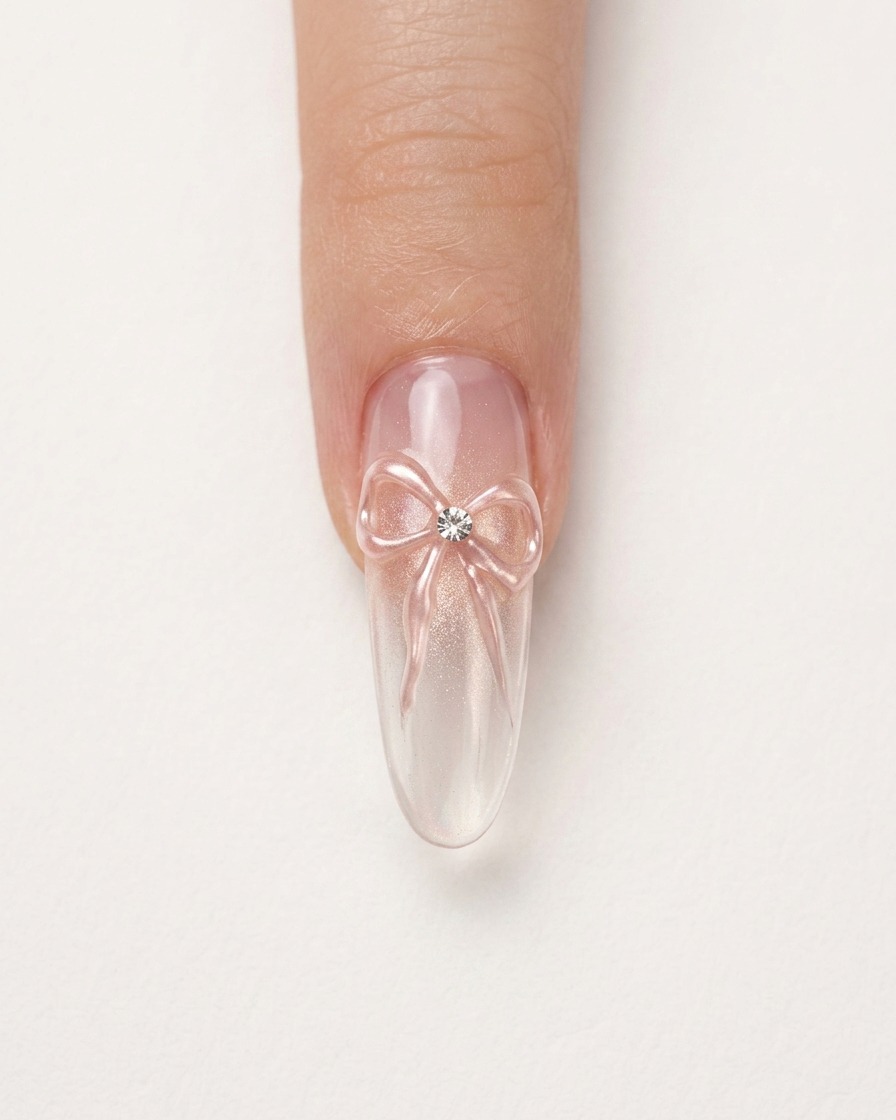 A close-up view of a brush applying shimmering silver cat-eye gel onto an elongated nail.