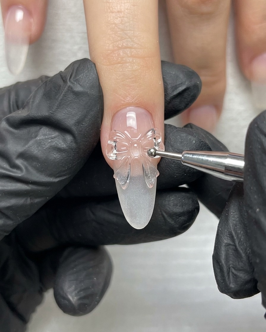 A gloved hand holding a fine detail tool working on the 3D ribbon bow structure on an elongated nail.