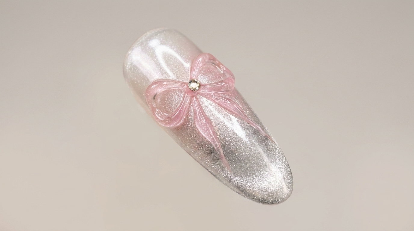 Pearlescent Cat Eye with 3D Ribbon Bow Nail Art — Step-by-Step Tutorial