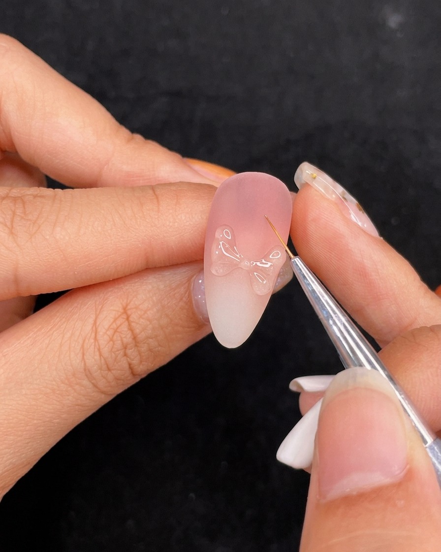 A fine brush applying top coat over a 3D nail art bow structure.
