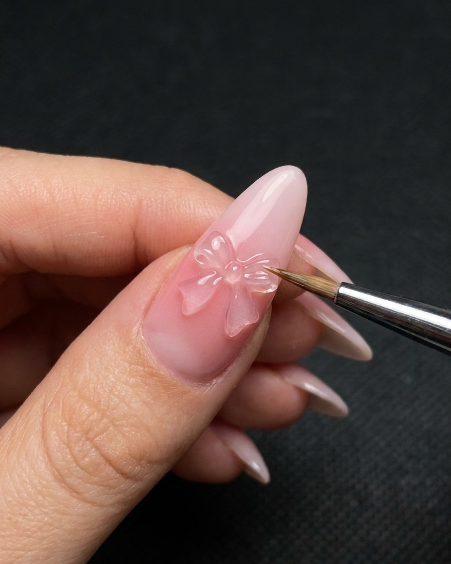 A fine liner brush outlining the edges of a 3D gel bow on a manicured nail.