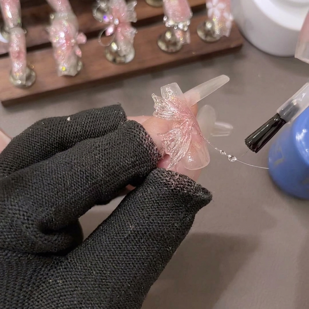 A close-up view of shaping a PVC soft extension gel into a lower butterfly wing pattern using a carving brush and tweezers.