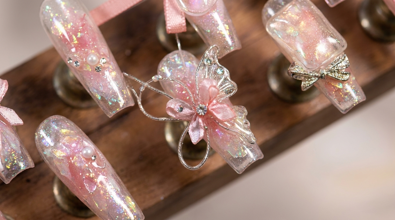 Crystal Fishline Butterfly Press-on Nails — Step-by-Step Art Tutorial