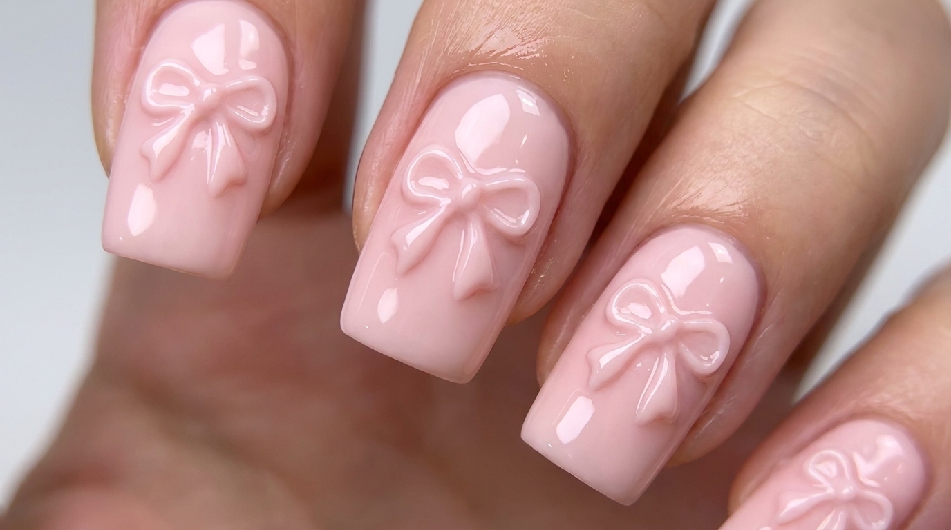 3D Embossed Ribbon Bow Pink Gel Nail Art Tutorial