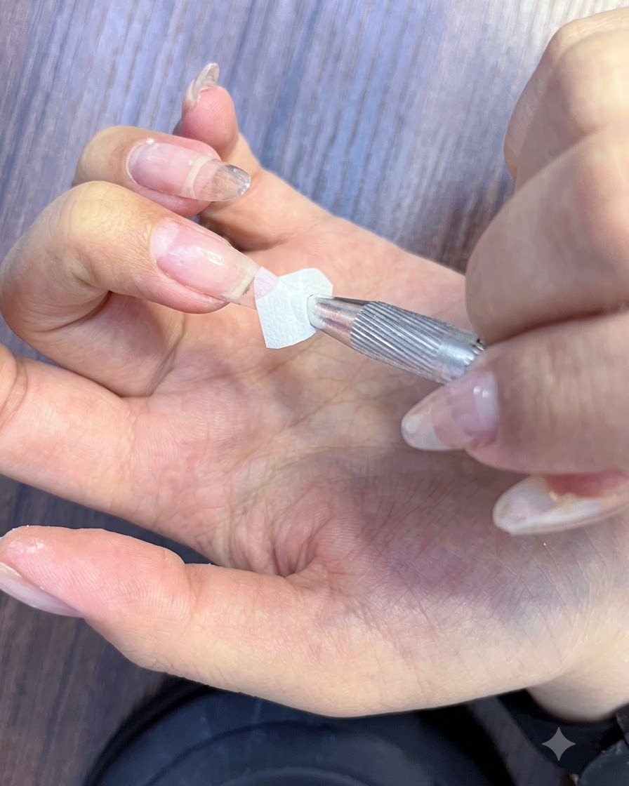 A metal cuticle pusher gently pushing back cuticles on a natural fingernail.