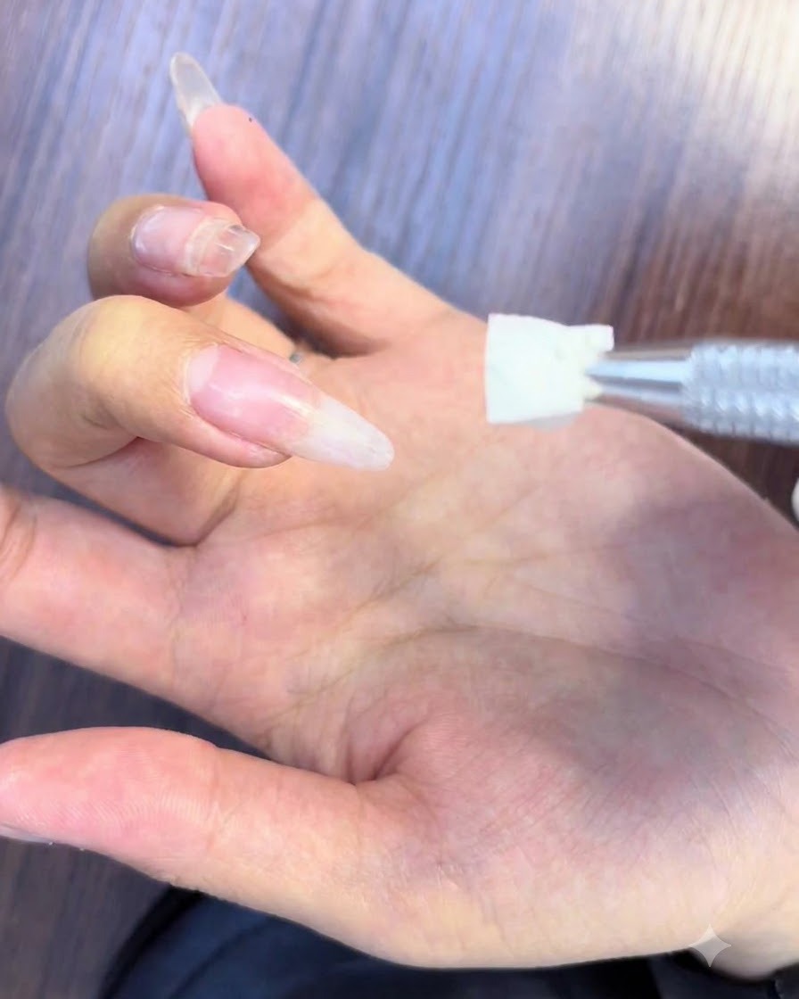 Applying white and pink blooming gel onto a nail surface to form an ombre effect.