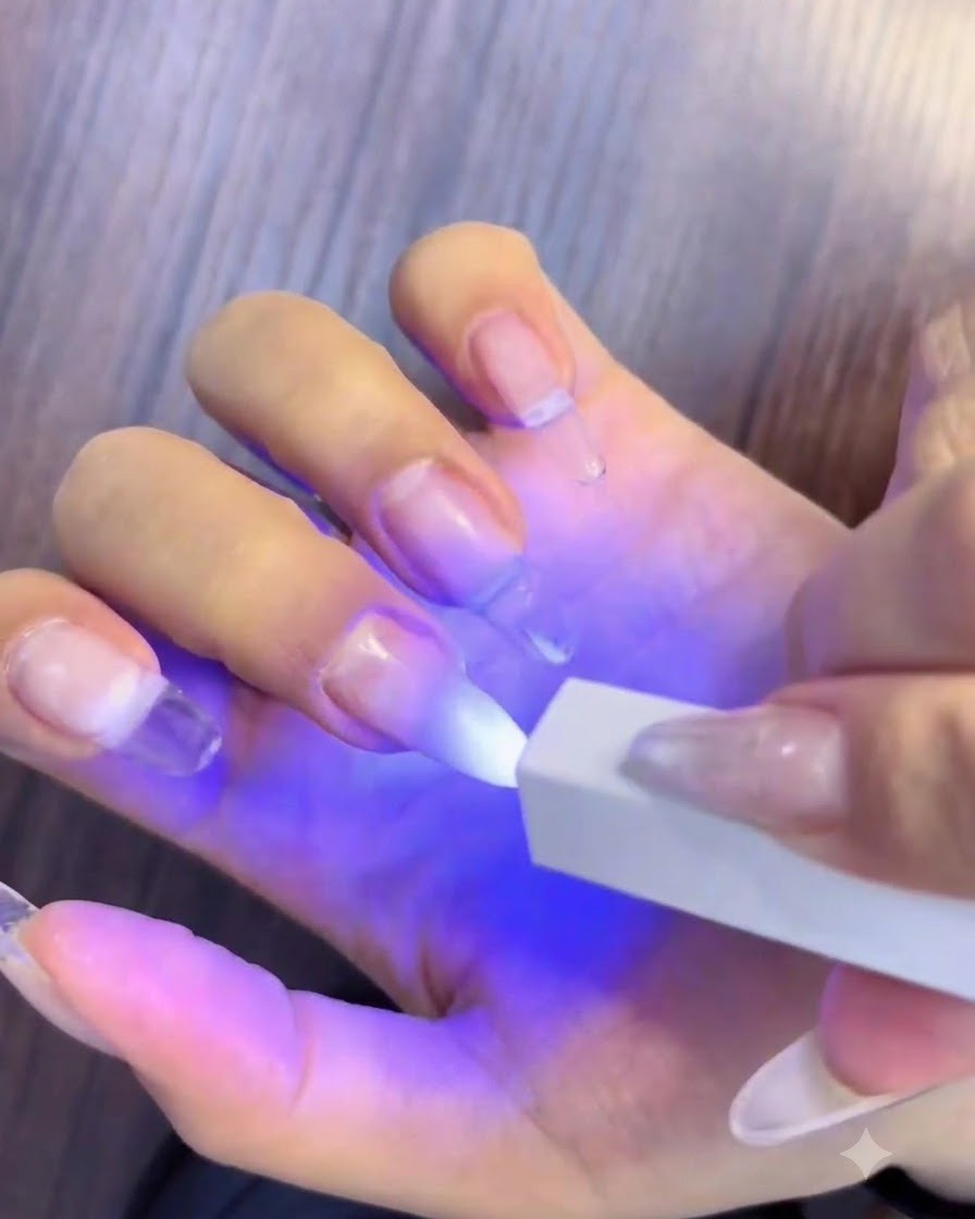 A hand under a portable UV LED lamp curing the white and pink gradient nails.