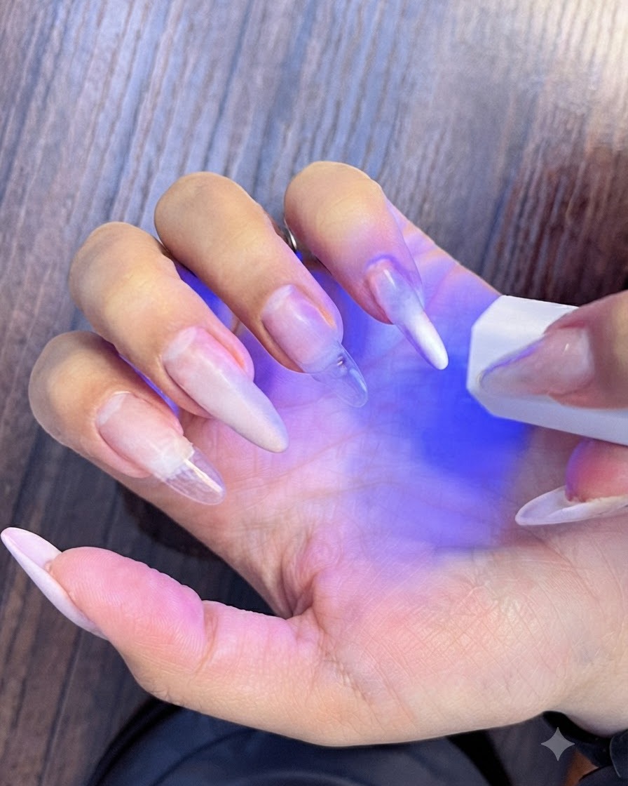 Nails being cured under a mini UV LED lamp to secure the gel application.