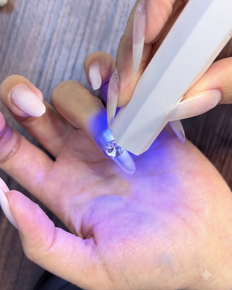 A handheld white UV curing light being held closely over a large sparkling diamond placed on a pink gradient fingernail.