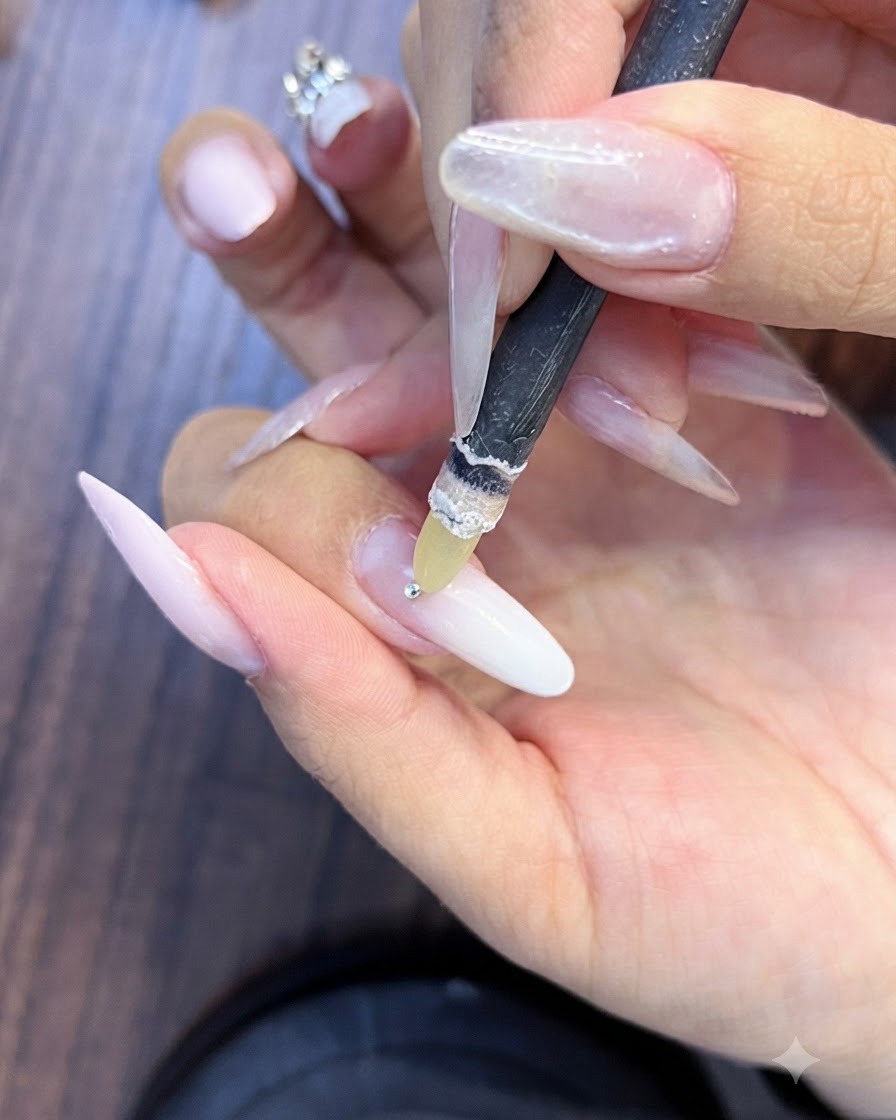 A wax pickup pencil tool holding a tiny silver rhinestone above a prepped pink and white gradient nail.