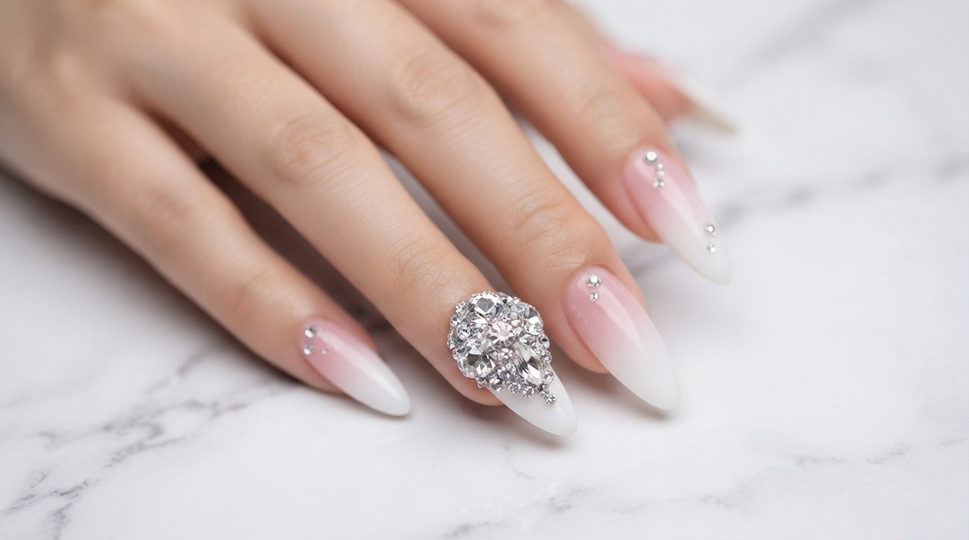 Luxurious White and Pink Gradient Stiletto Nails with Diamond Rhinestones