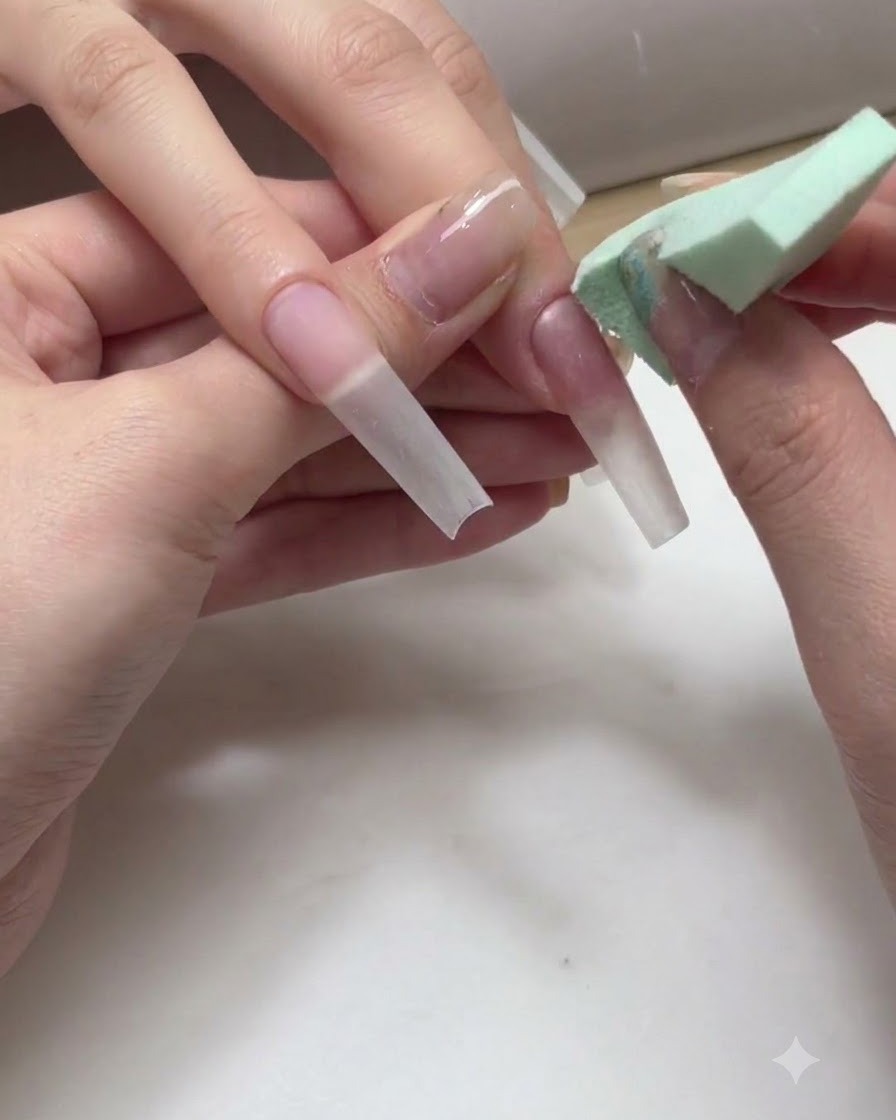 A hand using a small wedge sponge to dab and blend two gel colors on a long nail extension to create an ombre effect.