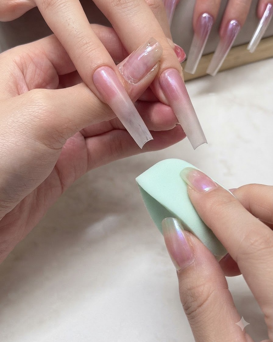 A close-up of a sponge applicator rubbing fine pink shimmering powder onto a long, ombre-painted nail extension.
