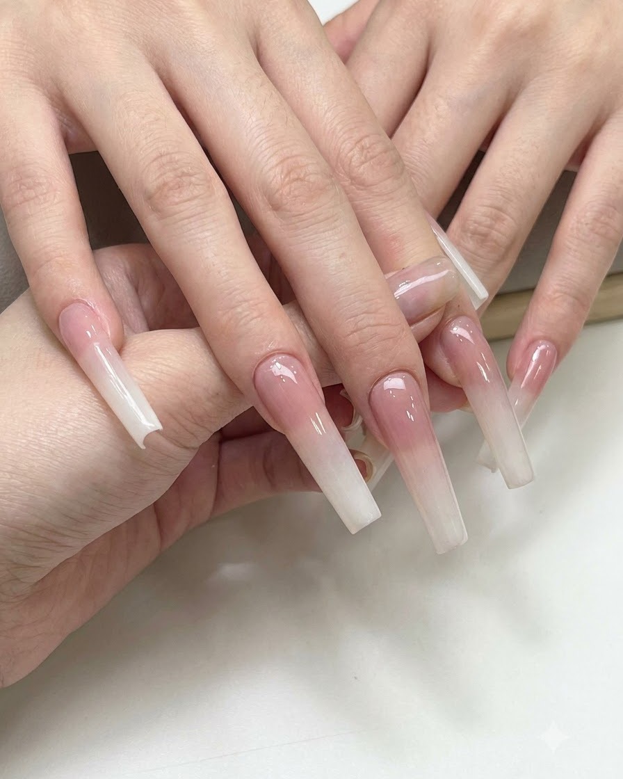 A pair of hands displaying finished gradient extensions with a subtle pearlescent moonlight glow.