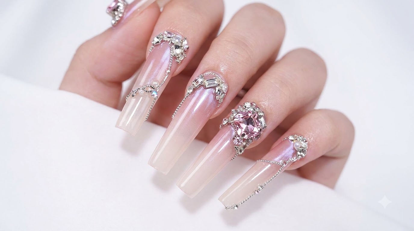 White Peach Moonlight Rhinestone and Chain Nail Art Tutorial