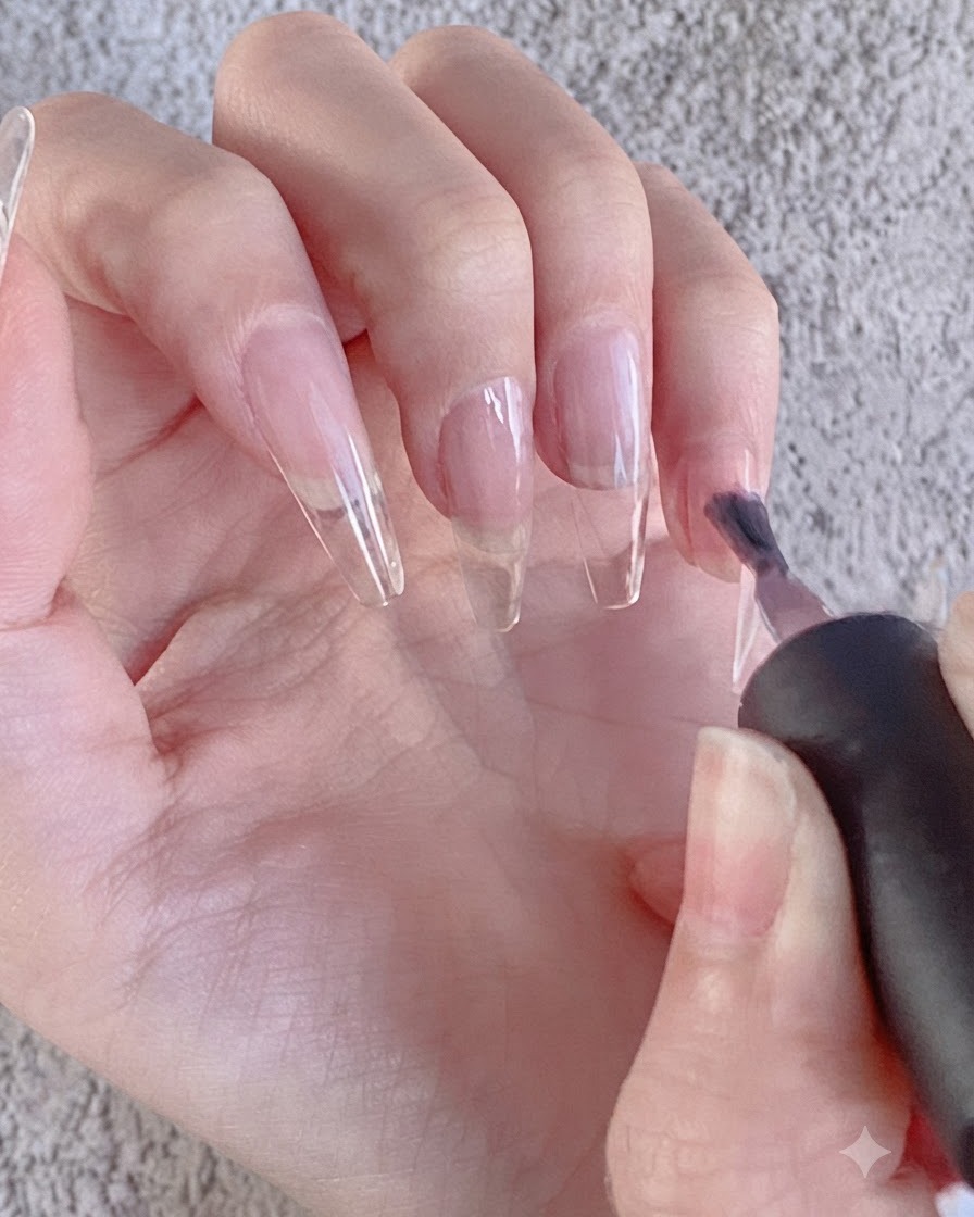 A nail brush applying a coat of dark gel polish onto a clear nail extension.