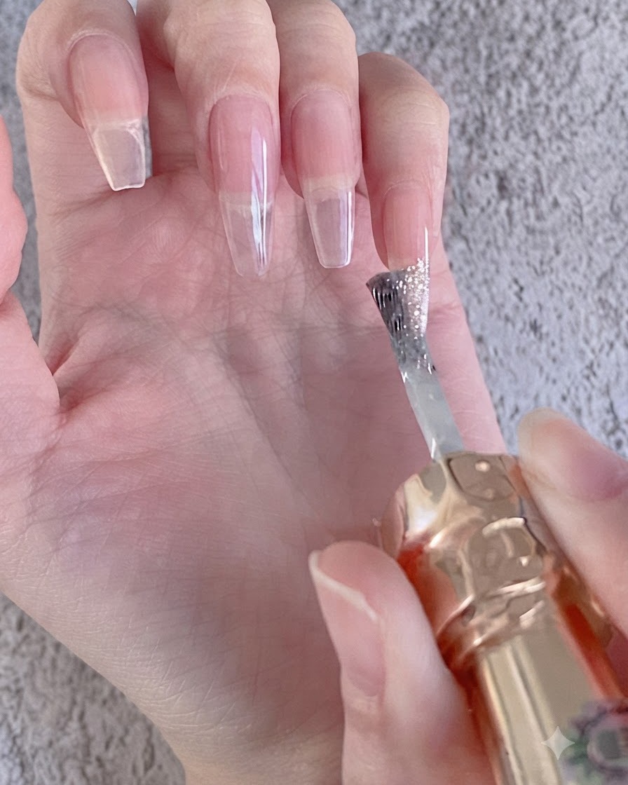 A brush applying a coat of milky nude base color onto a nail extension.
