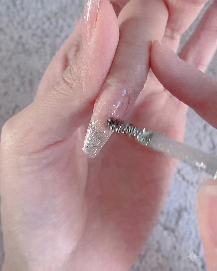 A clean brush smoothing out a glitter gradient with light vertical strokes on a nail.