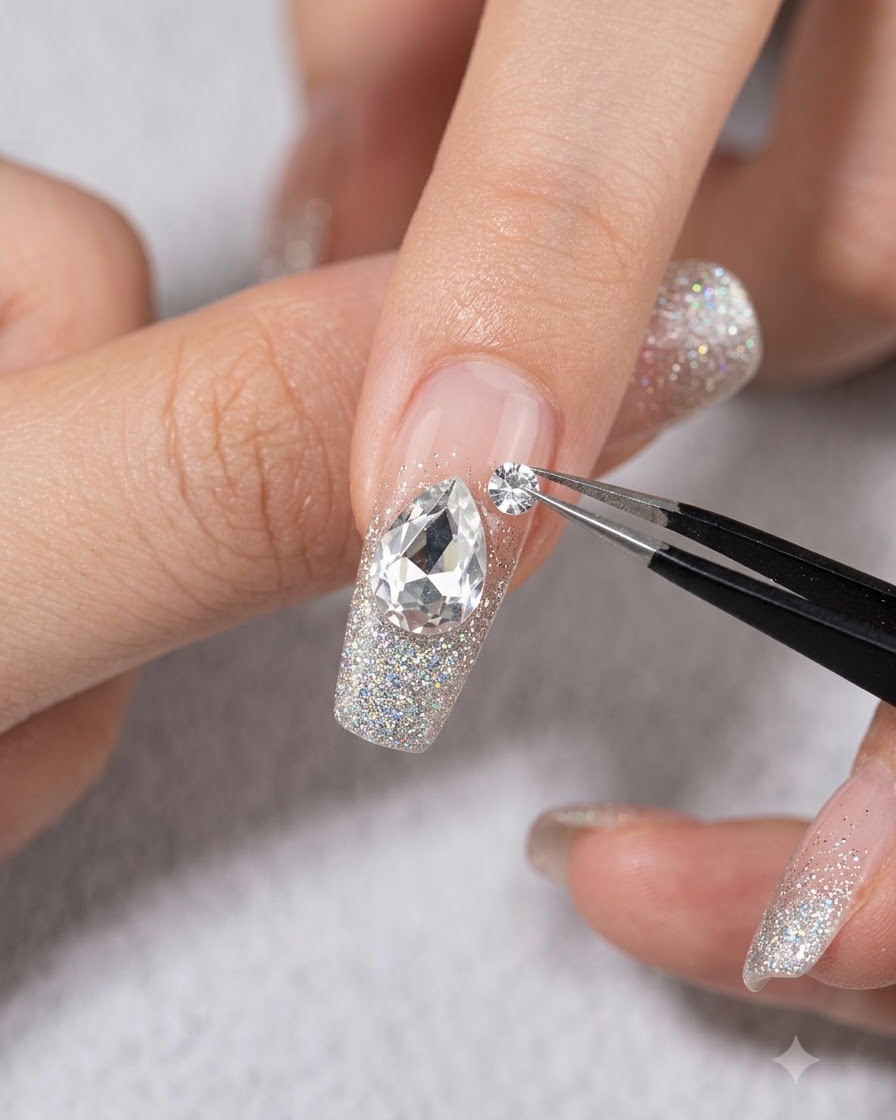 A pair of tweezers placing a small rhinestone next to a large pear-shaped gem on a decorated nail.