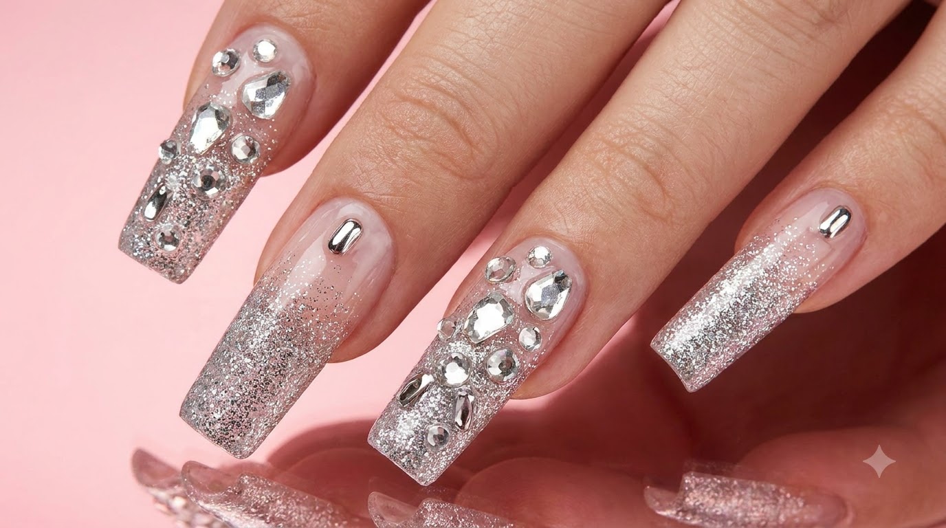 Silver Glitter Gradient and Diamond Embellished Luxury Nail Art Tutorial