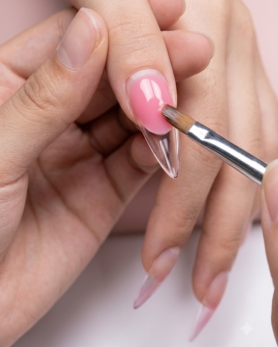 A brush carefully applying a third layer of pink gel onto the upper portion of a gradient nail.