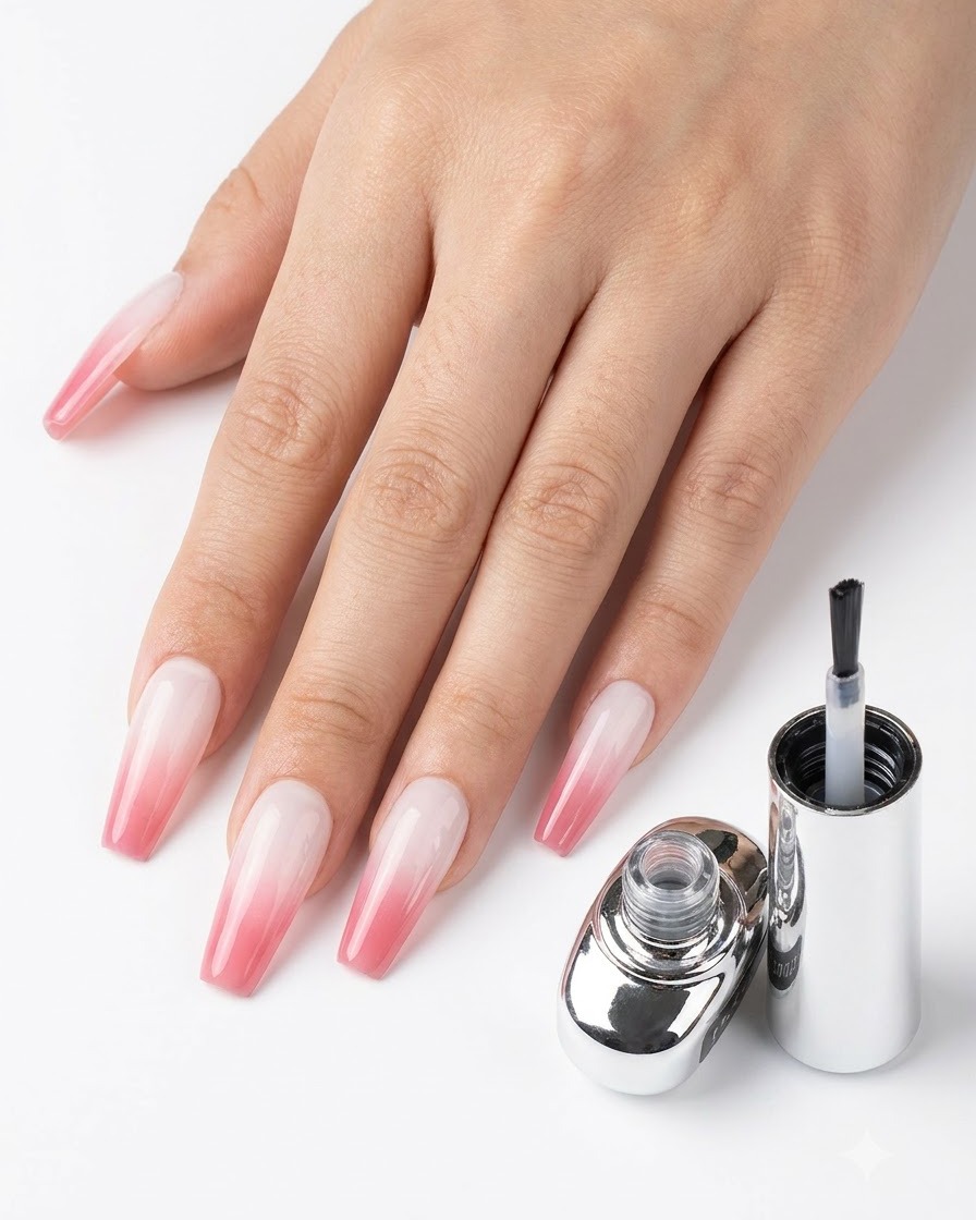 A hand displaying finished gradient nails next to a top coat bottle on a clean white background.