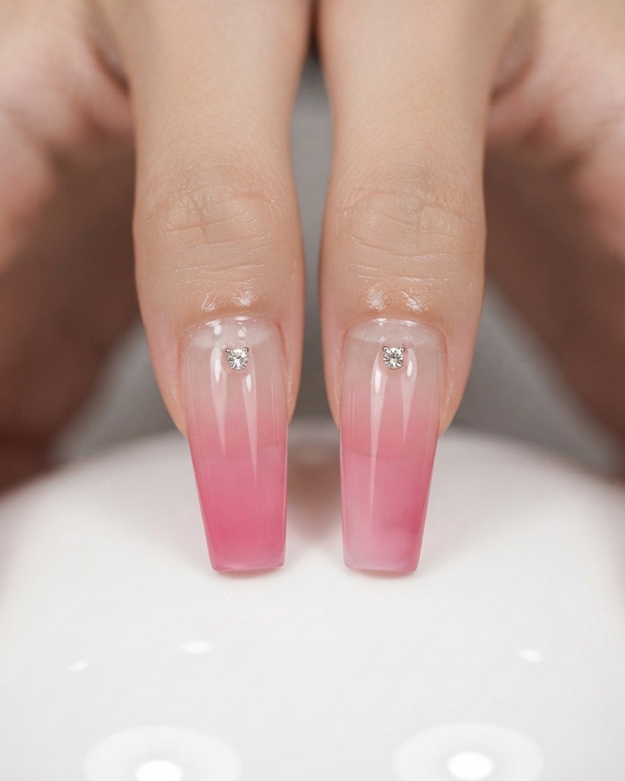 An electric nail file with a drill bit carving a small pocket on the lower section of a painted nail.