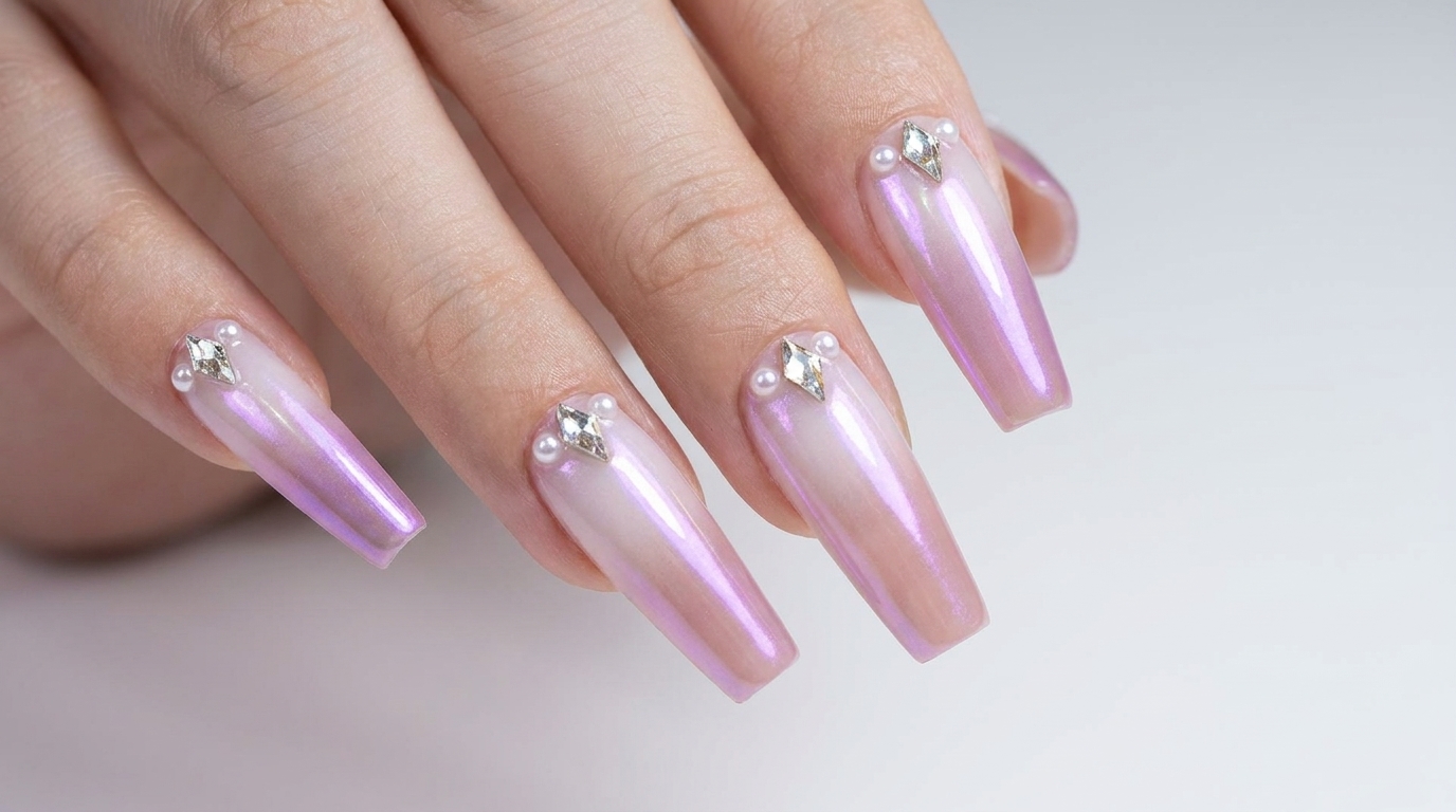 Two-Tone Ombre Nails with Aurora Chrome and Rhinestones Tutorial