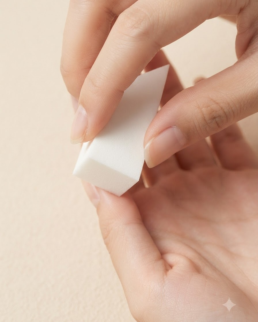 A hand holding a white makeup sponge dabbing gently against the nail surface.