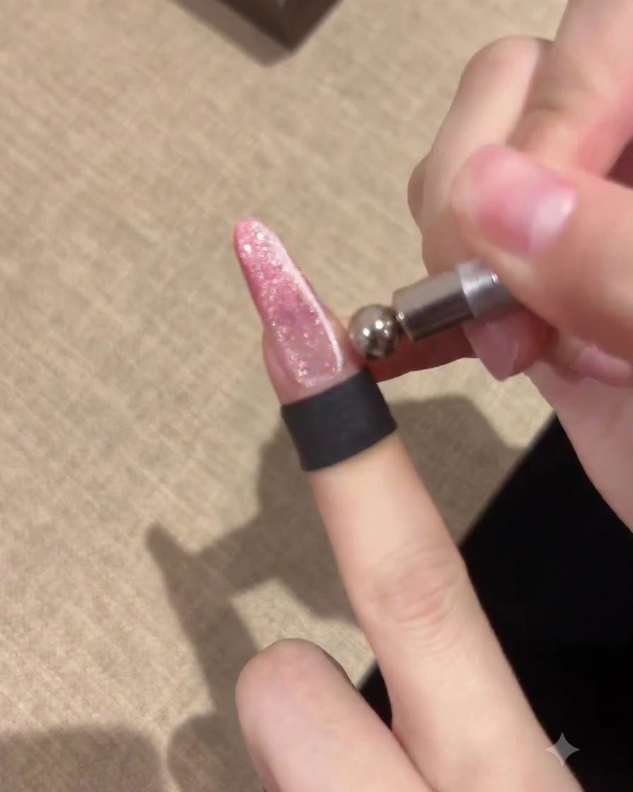 A close-up view of a hand using a small magnetic wand with a spherical tip to shape cat-eye gel polish on an extended pink nail.