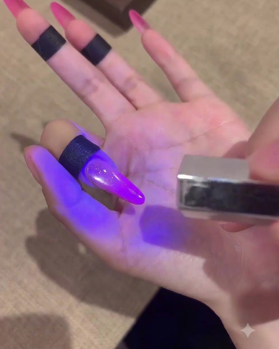 A nail brush applying a clear glossy top coat layer under a purple UV lamp glow.