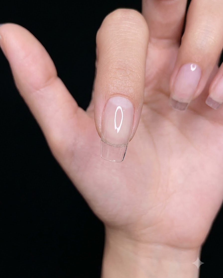 A close-up of a hand pouring fine gold and silver glitter powder onto a clear gel base layer on a nail tip.