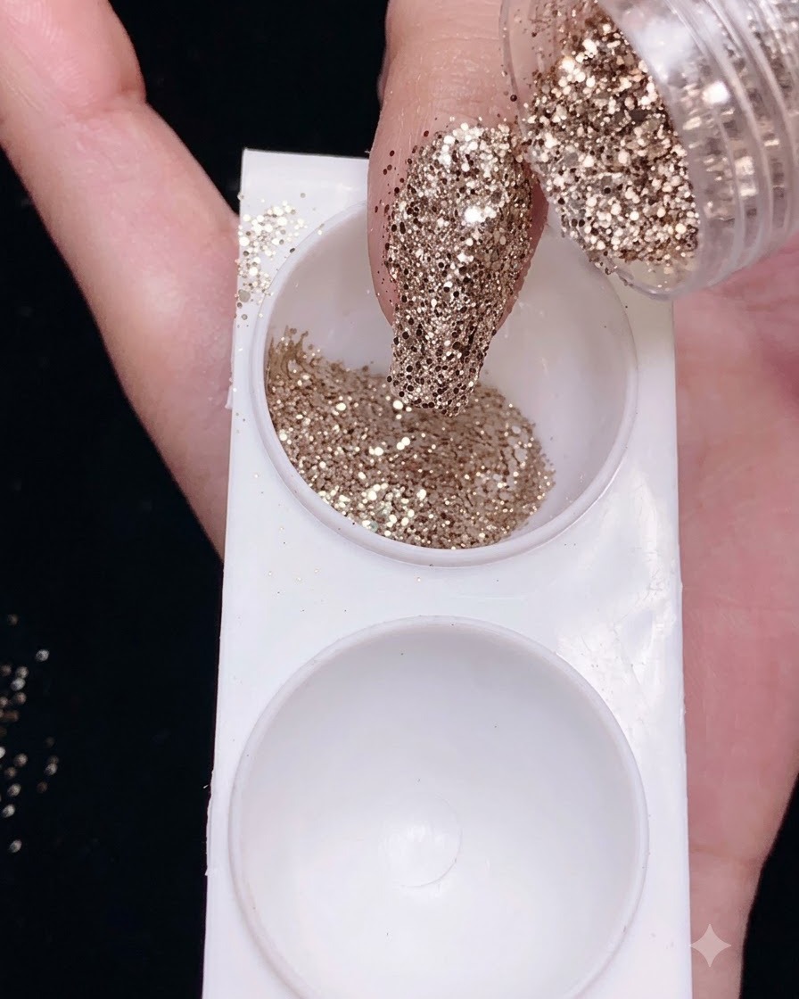 A detailed view of a nail tip completely covered in a sparkling layer of fine silver and gold glitter.