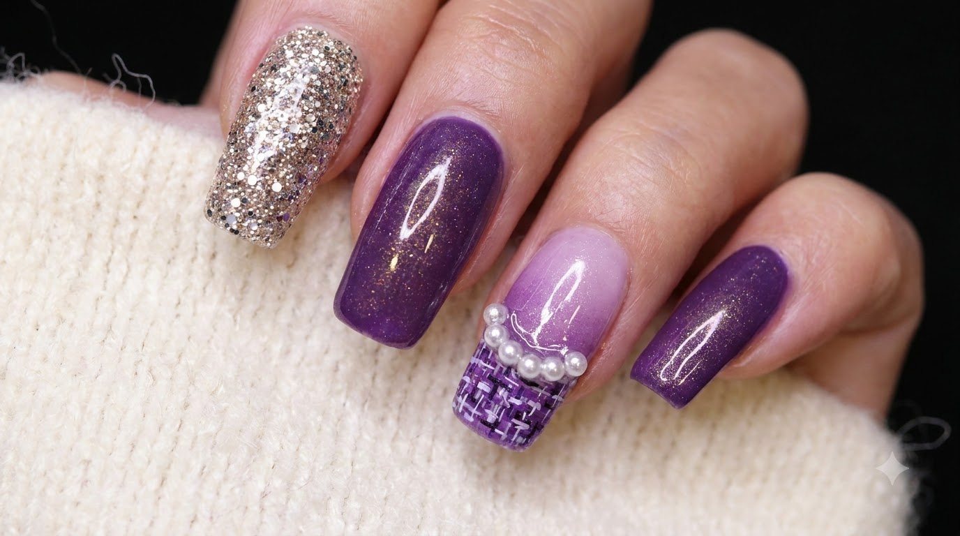 Purple Tweed and Gradient Gel Nails with Pearls — Luxury Step-by-Step Tutorial
