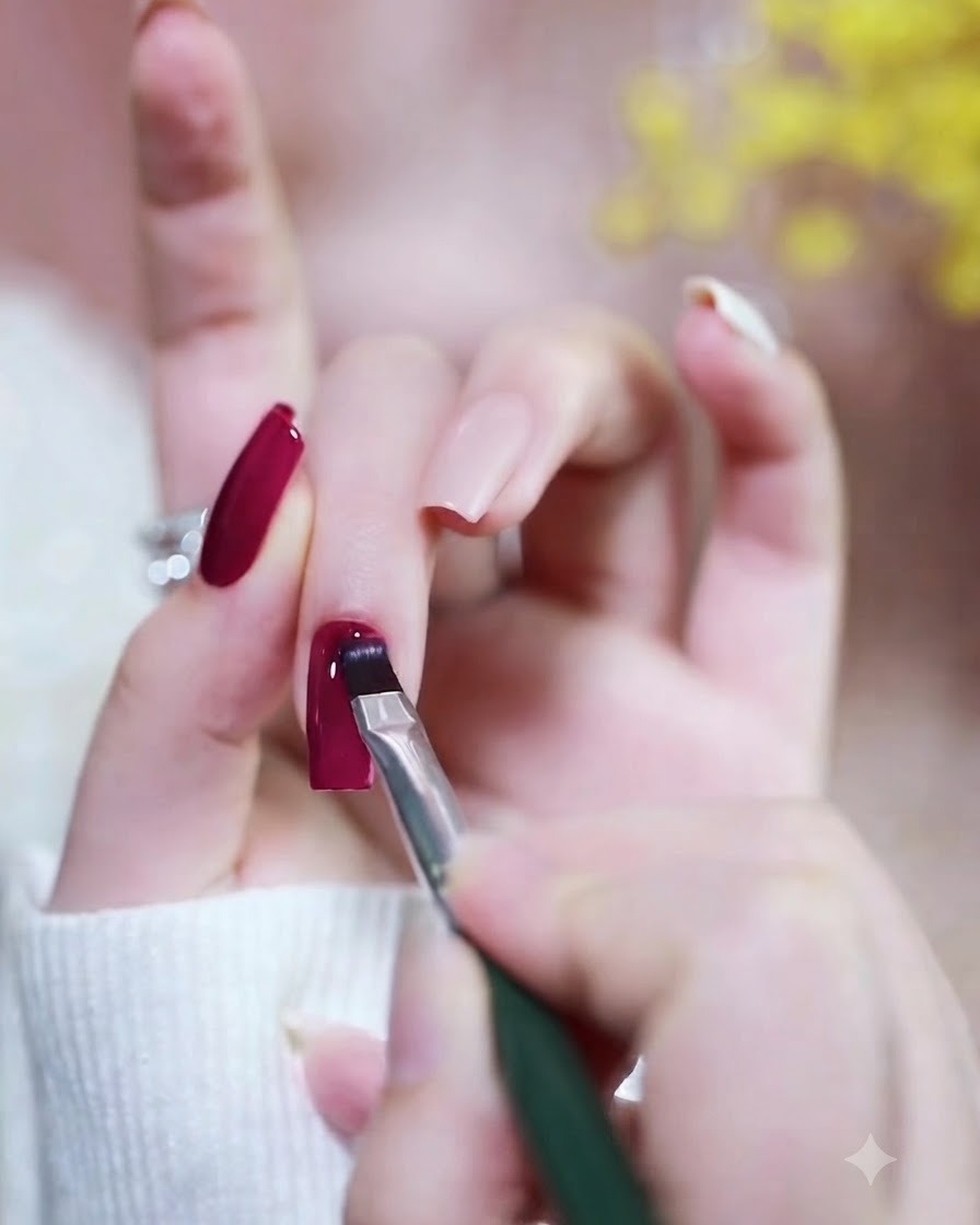 A nail brush spreading vibrant magenta gel polish evenly onto the nail surface.